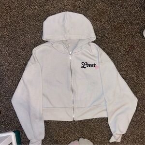 White Zip-Up Hoodie with 'Lover' on front and back